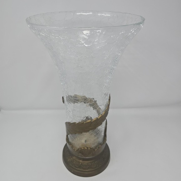Vintage Art Nouveau Hand Blown Glass Vase w/ Ornate Brass Base 15